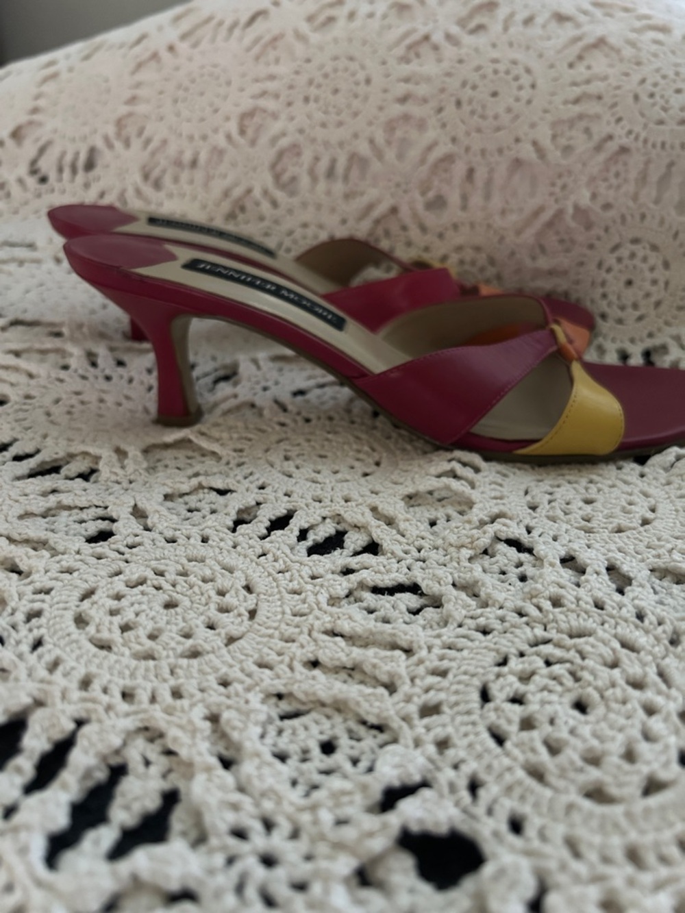 Jennifer Moore Red Slide Sandals with Orange & Yellow Accents - Picture 3 of 4